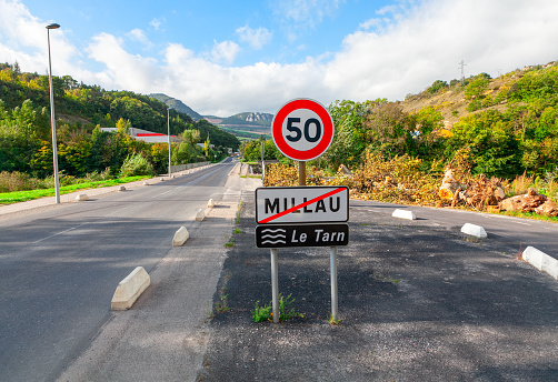Millau France Road Sign . Highway in Millau town  in the Aveyron department in the Occitanie region in Southern France