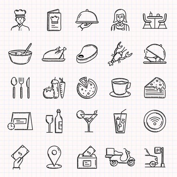 ilustrações, clipart, desenhos animados e ícones de conjunto de ícones desenhados à mão relacionados ao restaurante, ilustração vetorial estilo doodle - chef cooking food gourmet