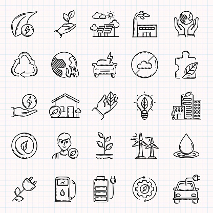 SAVE THE WORLD Related Hand Drawn Icons Set, Doodle Style Vector Illustration