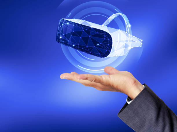 istock Modern and futuristic technology concept backdrop with Virtual reality headset hovering over hand. 1410070489