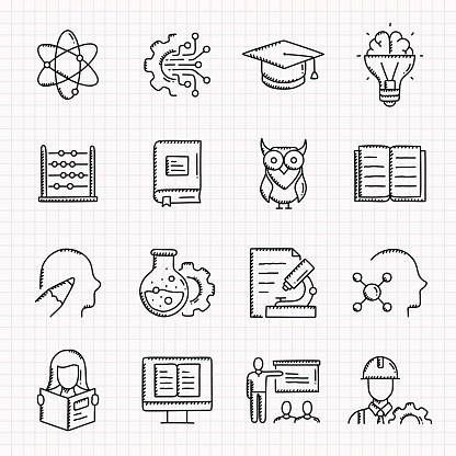 STEM EDUCATION Related Hand Drawn Icons Set, Doodle Style Vector Illustration