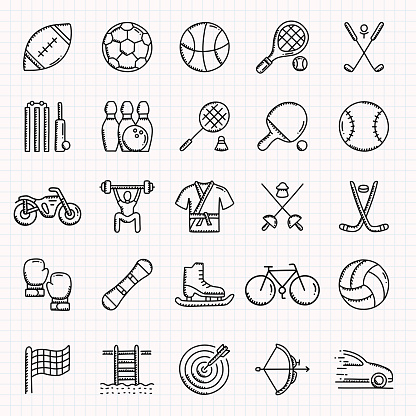 SPORTS ELEMENTS Related Hand Drawn Icons Set, Doodle Style Vector Illustration