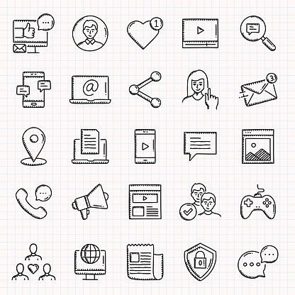 SOCIAL MEDIA Related Hand Drawn Icons Set, Doodle Style Vector Illustration