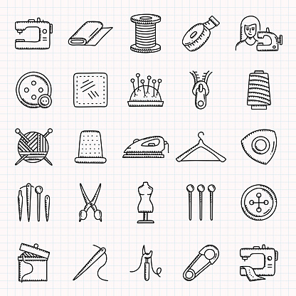 SEWING Related Hand Drawn Icons Set, Doodle Style Vector Illustration