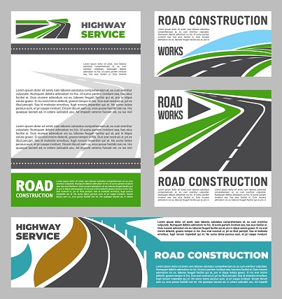 Highway road repair and construction service works, vector banners. City motorway building and highway maintenance or pavement and asphalt renovation, car street engineering project