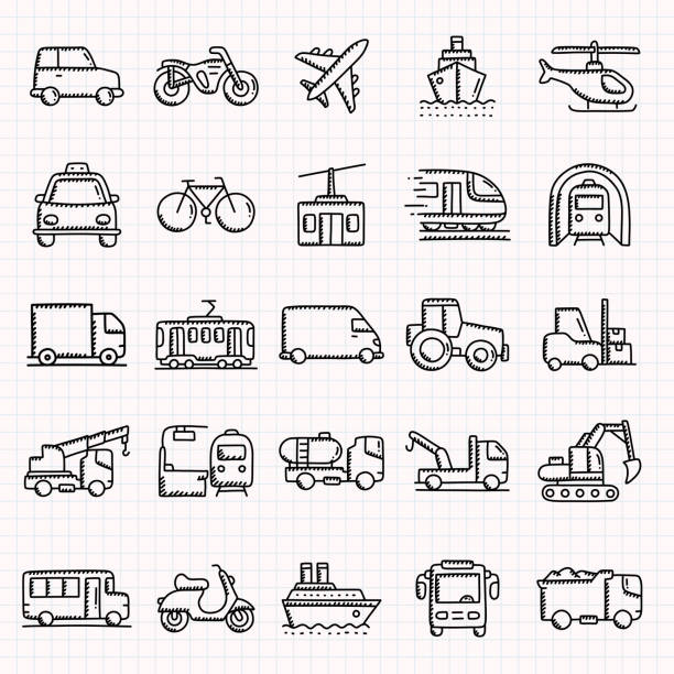 pojazdy i transport powiązane ręcznie rysowane ikony zestaw, ilustracja wektorowa w stylu doodle - driverless train stock illustrations