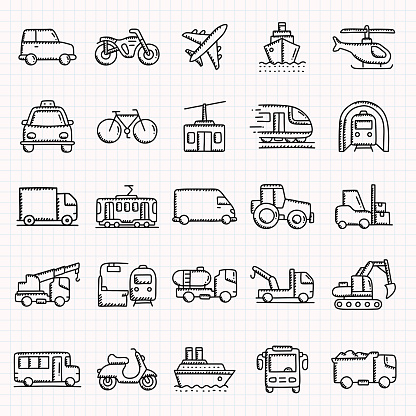 VEHICLES AND TRANSPORT Related Hand Drawn Icons Set, Doodle Style Vector Illustration