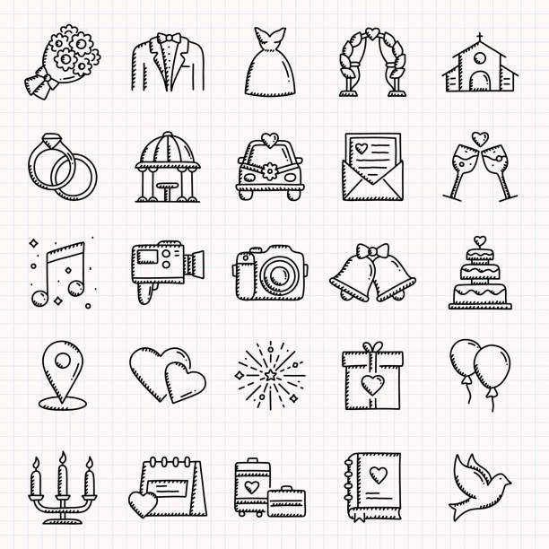 ilustrações de stock, clip art, desenhos animados e ícones de wedding related hand drawn icons set, doodle style vector illustration - church wedding