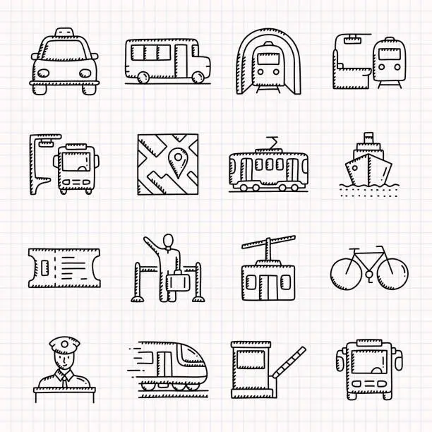 Vector illustration of PUBLIC TRANSPORT Related Hand Drawn Icons Set, Doodle Style Vector Illustration