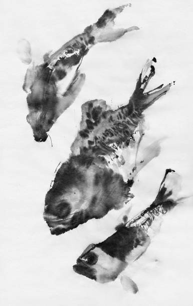 istock Three fish. Oriental traditional painting in style sumi-e, u-sin and gohua. 1410074085