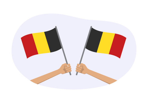 belgium waving flag icon or badge. hand holding belgian flags. vector illustration. - 比利時國旗 幅插畫檔、美工圖案、卡通及圖標