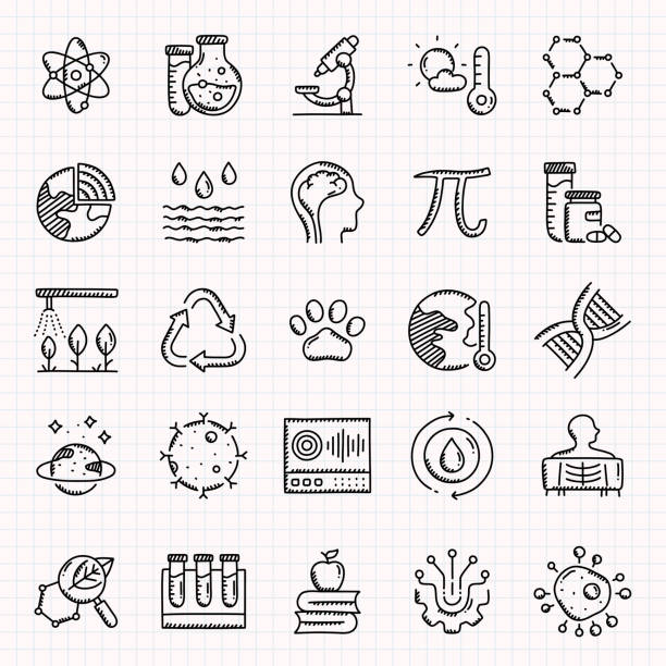 science related hand drawn icons set, doodle style vector illustration - scientific experiment sketch healthcare and medicine complexity stock illustrations