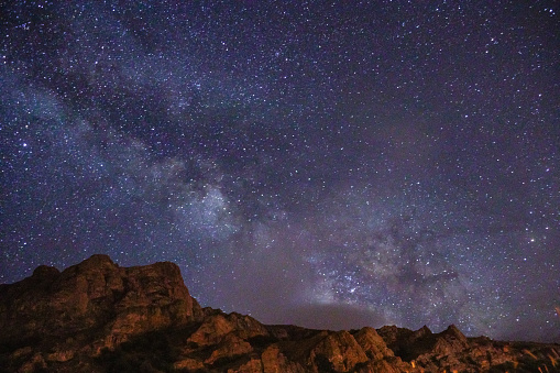 Milky Way and clouds rising over the rock