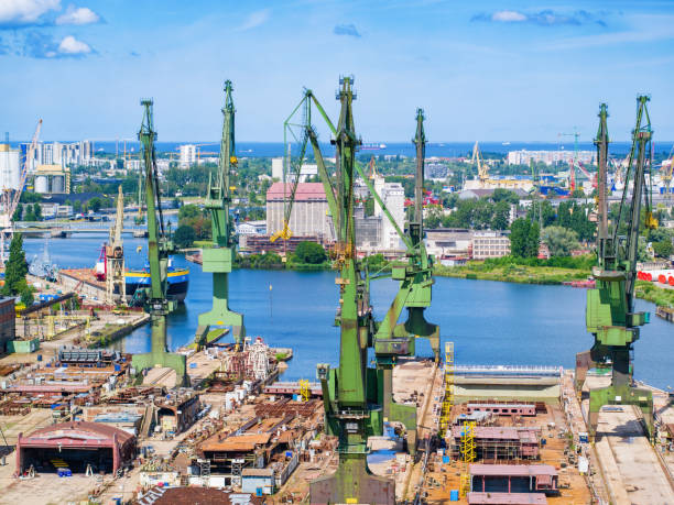 istock Cranes in Gdansk shipyard, aerial landscape 1410076577