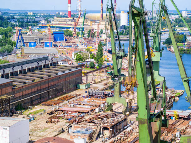 istock Cranes in Gdansk shipyard, aerial landscape 1410076583