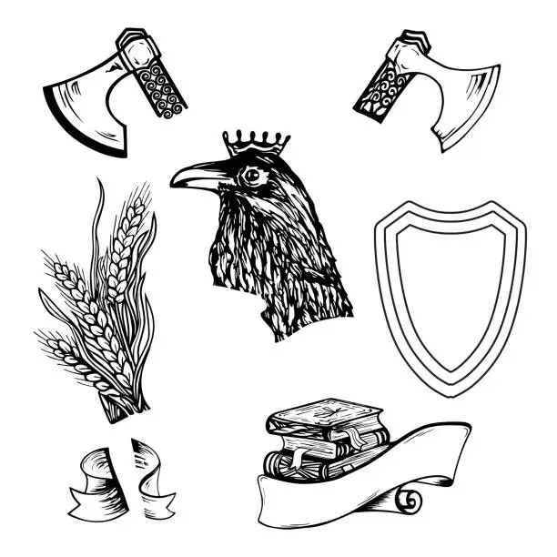 Vector illustration of A set of contour drawings of a raven with books and plants, a shield and an axe in the background for printing