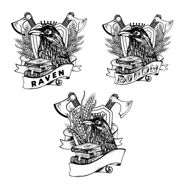 Vector illustration of A set of three contour drawings of a raven with books and plants, a shield and an axe in the background for printing on paper or tattooing