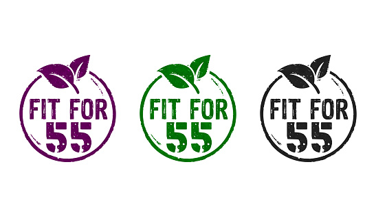 Fit for 55 stamp icons in few color versions. European Green Deal and reduce the greenhouse gas emissions concept 3D rendering illustration.