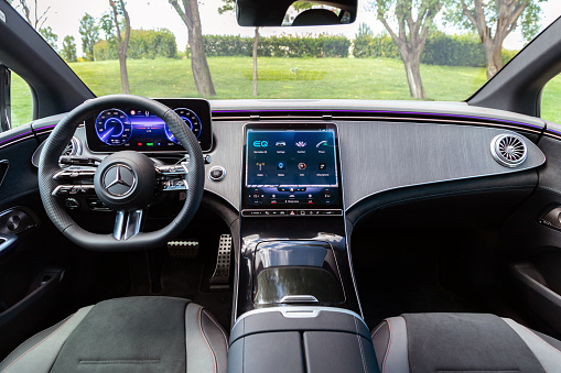 Istanbul, Turkey- July 20 2022: Mercedes-Benz EQE is a battery electric executive car produced by German automobile manufacturer Daimler AG. It is part of the Mercedes-Benz EQ family.