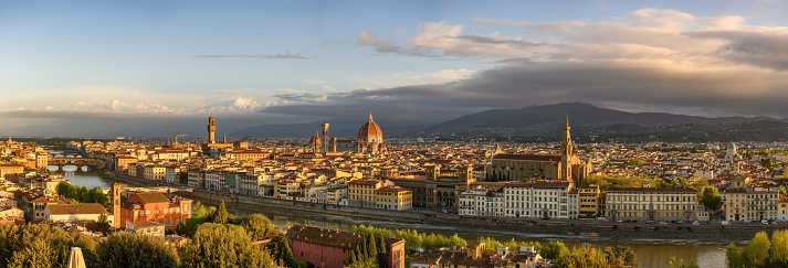 Sunrise view of Florence, Ponte Vecchio, Palazzo Vecchio and Florence Duomo, Italy. Florence architecture and landmark, Florence skyline. High quality photo