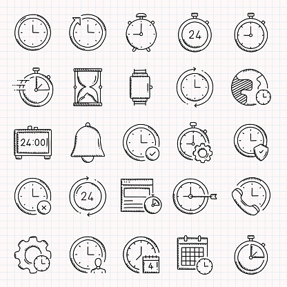 TIME Related Hand Drawn Icons Set, Doodle Style Vector Illustration
