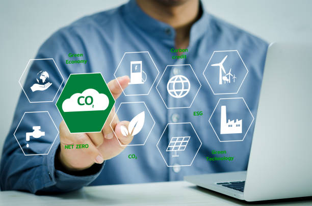 istock businessman hand touches global warming Renewable energy a virtual screen. Reduce CO2 emissions. Sustainable business development concept. 1410079660