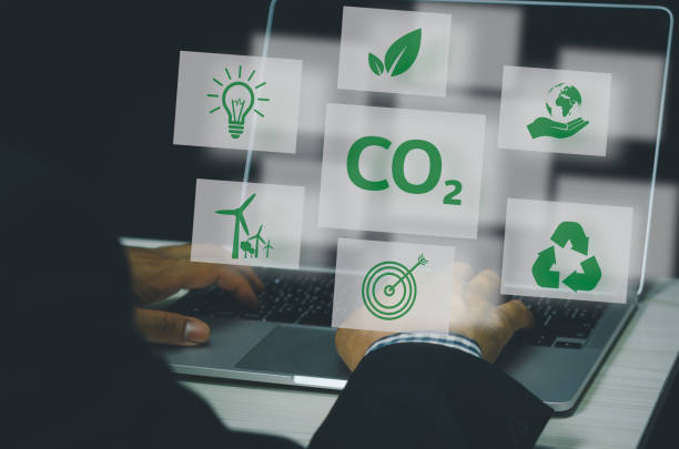 istock Organizations or companies develop carbon credit business virtual screen. Reduce CO2 emissions. Sustainable business development concept. 1410079664