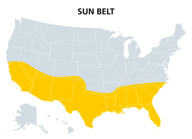 Sun Belt of the United States, region of the southernmost states, map Sun Belt of the United States, political map. Region with desert, subtropical and tropical climate. Generally considered to stretch across Southwest and Southeast, comprising the southernmost states. yellow belt stock illustrations