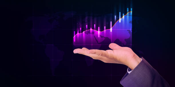 istock Abstract glowing graph in gradient with hand. Modern business graph design metaverse and digital art concept with gradient colors 1410081558