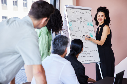 Young businesswoman laughing while giving a whiteboard presentation on marketing to colleagues during a meeting in an office boardroom