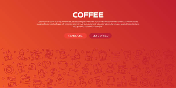 coffee web-banner mit linearen symbolen, trendiger linearer stilvektor - cafe breakfast scented coffee break stock-grafiken, -clipart, -cartoons und -symbole