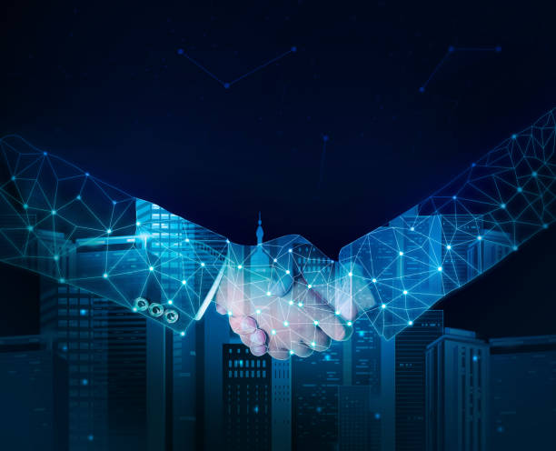 istock Handshake close up with technology buildings and abstract background. 1410082984