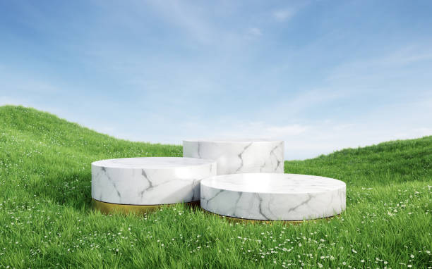 istock Empty round white marble podium with metallic gold base on grass field. 1410084871