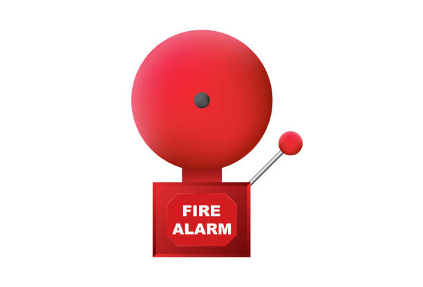 istock Fire retro red alarm. Sound bell with round disc and percussion mechanism 1410085984