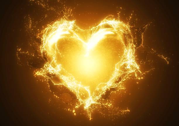 ilustración de una forma de corazón abstracta que brilla en oro - fire power fotografías e imágenes de stock