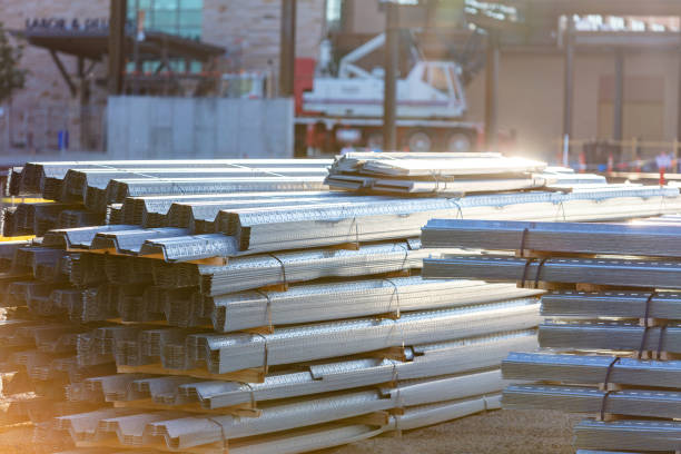 Corrugated Flooring and Roofing Metal - Construction Building Products and Materials Background Photo Series Western USA Construction Building Products and Materials and Infrastructure Corrugated Flooring and Roofing Metal Background Photo Series steel gutters stock pictures, royalty-free photos & images