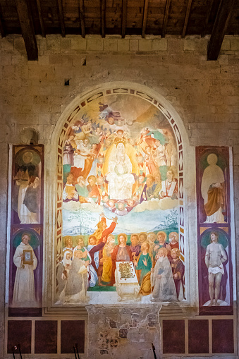 Fresco of Assumption of the Virgin in the Abbey of Saints Salvatore and Cirino in Abbadia a Isola, by Vincenzo Tamagni dated 1520