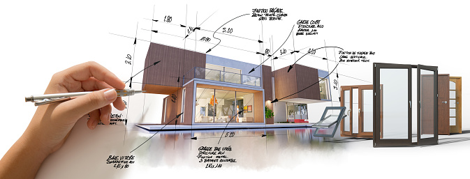 A hand drawing on a modern house rendering with a selection of doors and windows 3D rendering. The handwriting is dummy text for illustration purposes