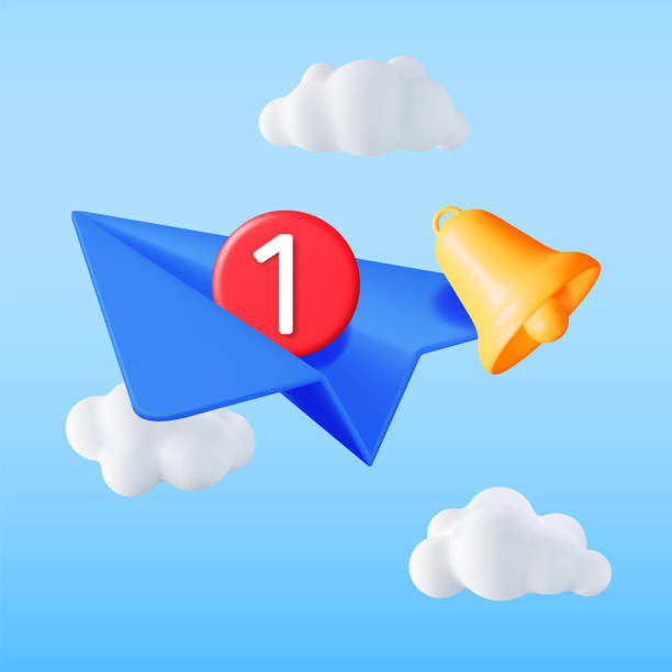 illustrazioni stock, clip art, cartoni animati e icone di tendenza di aereo di carta 3d con campana e messaggio di notifica - posta elettronica in arrivo