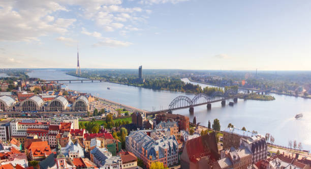 panoramic view of the city. riga, latvia - daugava river imagens e fotografias de stock