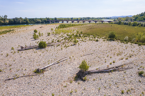 Unprecedented drought in the Po River due to long lack of rainfall. Verrua Savoia, Italy - July 2022