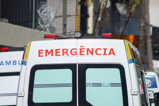 back of an ambulance written emergency in Rio de Janeiro.