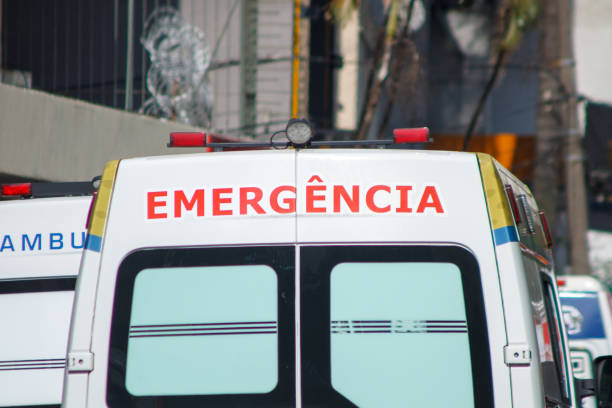 back of an ambulance written emergency in Rio de Janeiro, Brazil. stock photo
