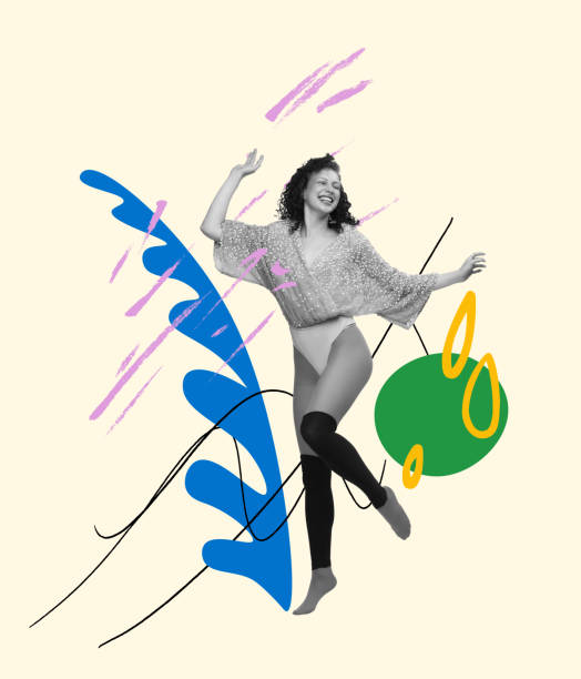 istock Contemporary art collage. Cheerful young woman dancing. Drawn design elements 1410099854