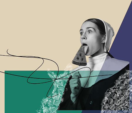 Contemporary artwork. Woman in image of innocent nun licking lollipop. Combination of eras. Concept of retro style, creativity, surrealism, imagination. Creative artwork. Magazine style, poster, ad