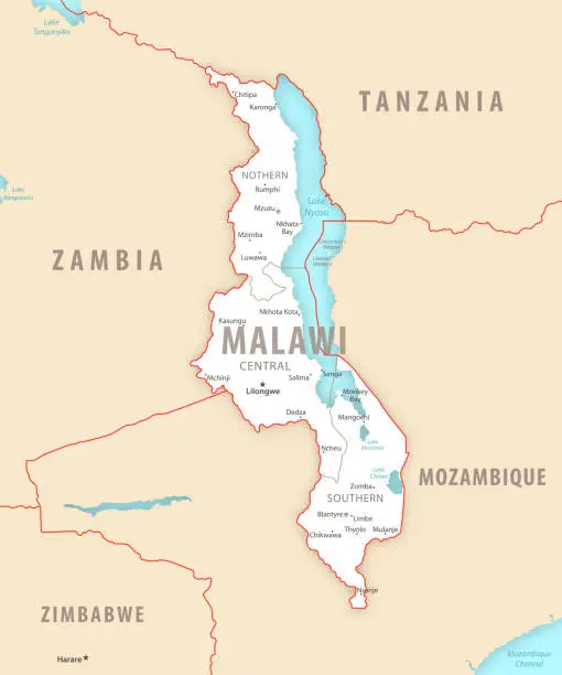 Vector illustration of Malawi detailed map with regions and cities of the country.