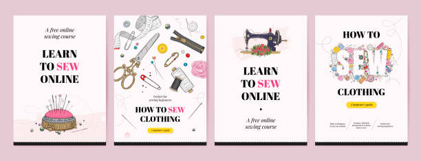 ilustrações, clipart, desenhos animados e ícones de curso de costura para modelo de banner para iniciantes. ilustração desenhada à mão de ferramentas de costura - needle craft tailor sewing