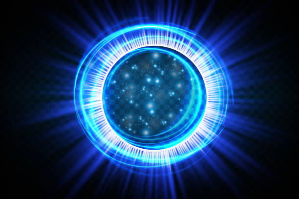 istock Magic portals on the night scene. Blue round holograms with rays of light and sparkles. Glowing futuristic teleport tunnel with copy space on black background 1410102476