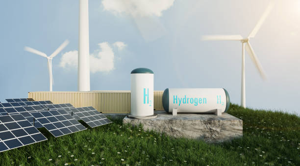 istock Hydrogen generators and hydrogen storage tank on small hill with mill turbines and solar power panel 1410103987