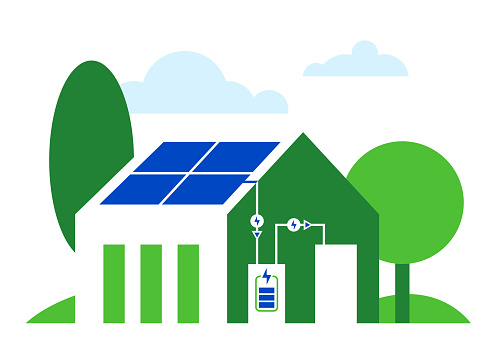 Landscape with a house in front, solar panels on the roof, and battery backup storage installed which supplies the house with electricity at nights. Renewable energy smart power island off-grid system. Simple, flat illustration.
